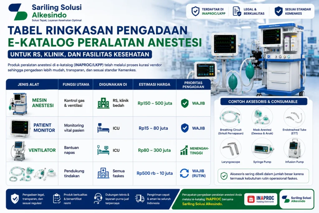Tabel ringkasan pengadaan e-katalog peralatan anestesi untuk rumah sakit, klinik, dan fasilitas kesehatan yang mencakup mesin anestesi, patient monitor, ventilator, serta aksesoris anestesi lengkap dengan fungsi, estimasi harga, dan prioritas pengadaan melalui INAPROC bersama Sariling Solusi Alkesindo.