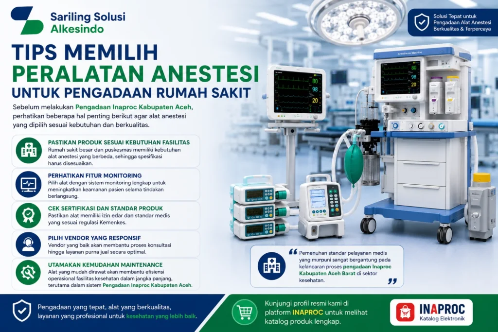 Tips memilih peralatan anestesi untuk pengadaan rumah sakit melalui Pengadaan Inaproc Kabupaten Aceh dengan memperhatikan kebutuhan fasilitas, fitur monitoring, sertifikasi produk, vendor responsif, dan kemudahan maintenance dari Sariling Solusi Alkesindo.
