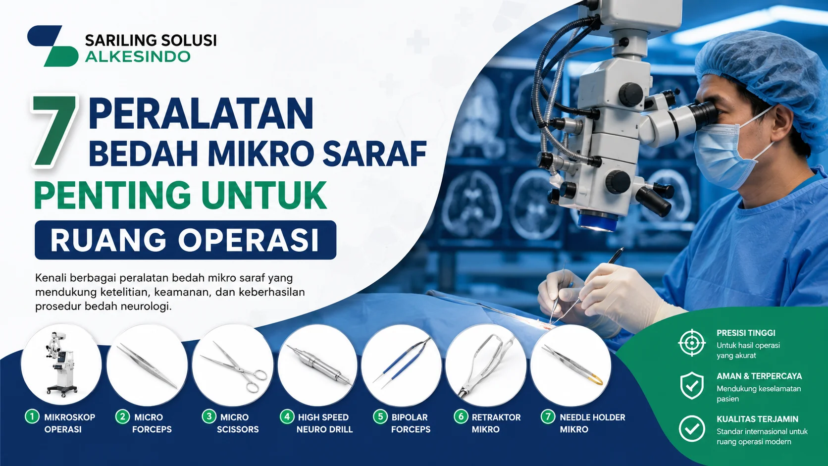 Ilustrasi gambar 7 jenis peralatan bedah mikro saraf penting untuk ruang operasi yang mendukung ketelitian dan keberhasilan prosedur bedah neurologi