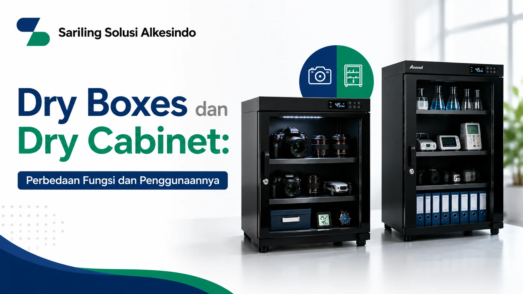 Dry Boxes dan Dry Cabinet untuk penyimpanan peralatan sensitif dengan perbandingan fungsi, kontrol kelembapan, dan penggunaan pada laboratorium, fasilitas kesehatan, serta industri.