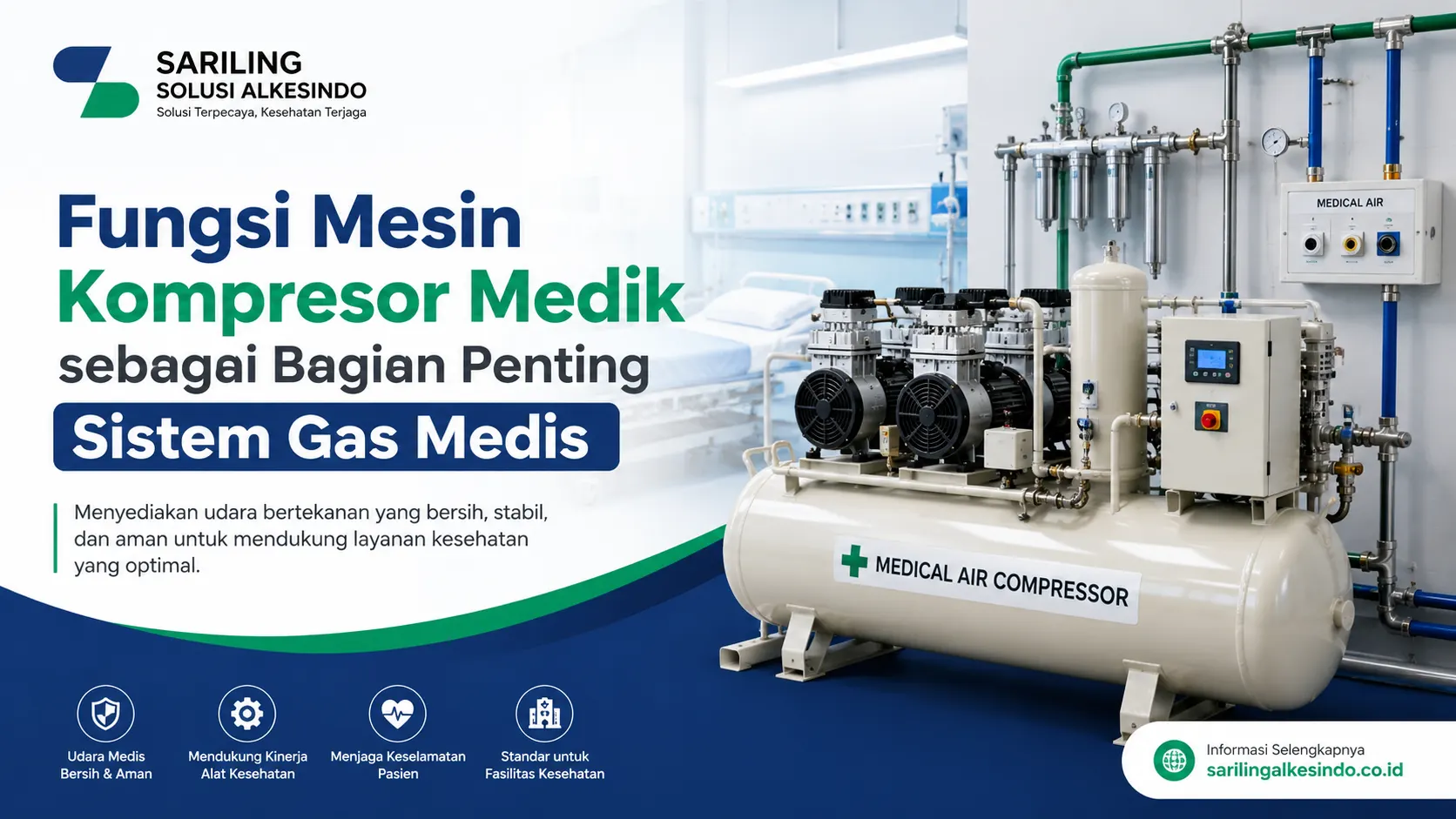 Ilustrasi gambar fungsi mesin kompresor medik sebagai bagian penting sistem gas medis untuk menyediakan udara bertekanan bersih dan stabil di fasilitas kesehatan