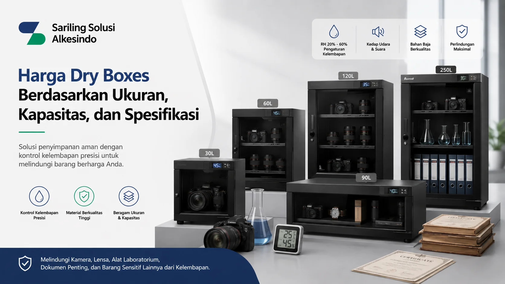 Harga Dry Boxes berdasarkan ukuran, kapasitas, dan spesifikasi untuk kebutuhan laboratorium, industri, kamera, serta penyimpanan alat sensitif.