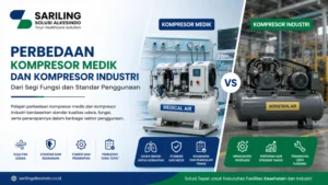 Ilustrasi gambar perbedaan kompresor medik dan kompresor industri berdasarkan fungsi, kualitas udara, standar penggunaan, serta penerapan pada fasilitas kesehatan dan sektor industri