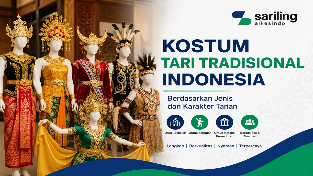 Kostum tari tradisional Indonesia berdasarkan jenis dan karakter tarian untuk sekolah, sanggar, dan kegiatan budaya.