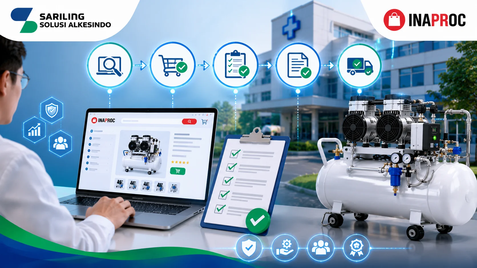 Panduan Pengadaan RSUD di Inaproc untuk mesin kompresor medik dengan ilustrasi rumah sakit modern, platform e-katalog, kompresor medik, logo Sariling Solusi Alkesindo, dan logo Inaproc
