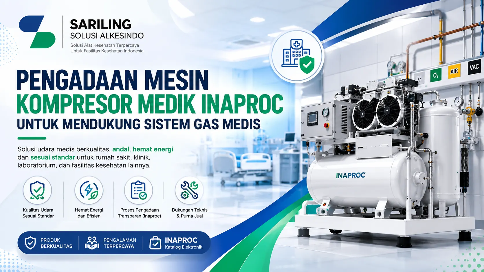 Ilustrasi gambar pengadaan mesin kompresor medik Inaproc untuk mendukung sistem gas medis di rumah sakit, klinik, laboratorium, dan fasilitas kesehatan