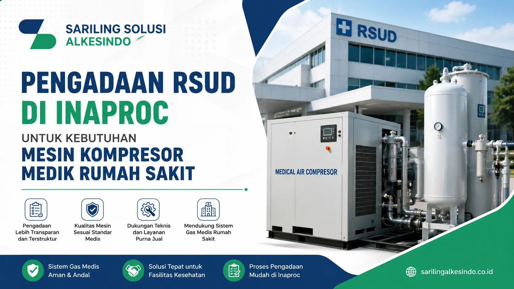 Ilustrasi gambar Pengadaan RSUD di Inaproc untuk kebutuhan mesin kompresor medik rumah sakit guna mendukung sistem gas medis fasilitas kesehatan