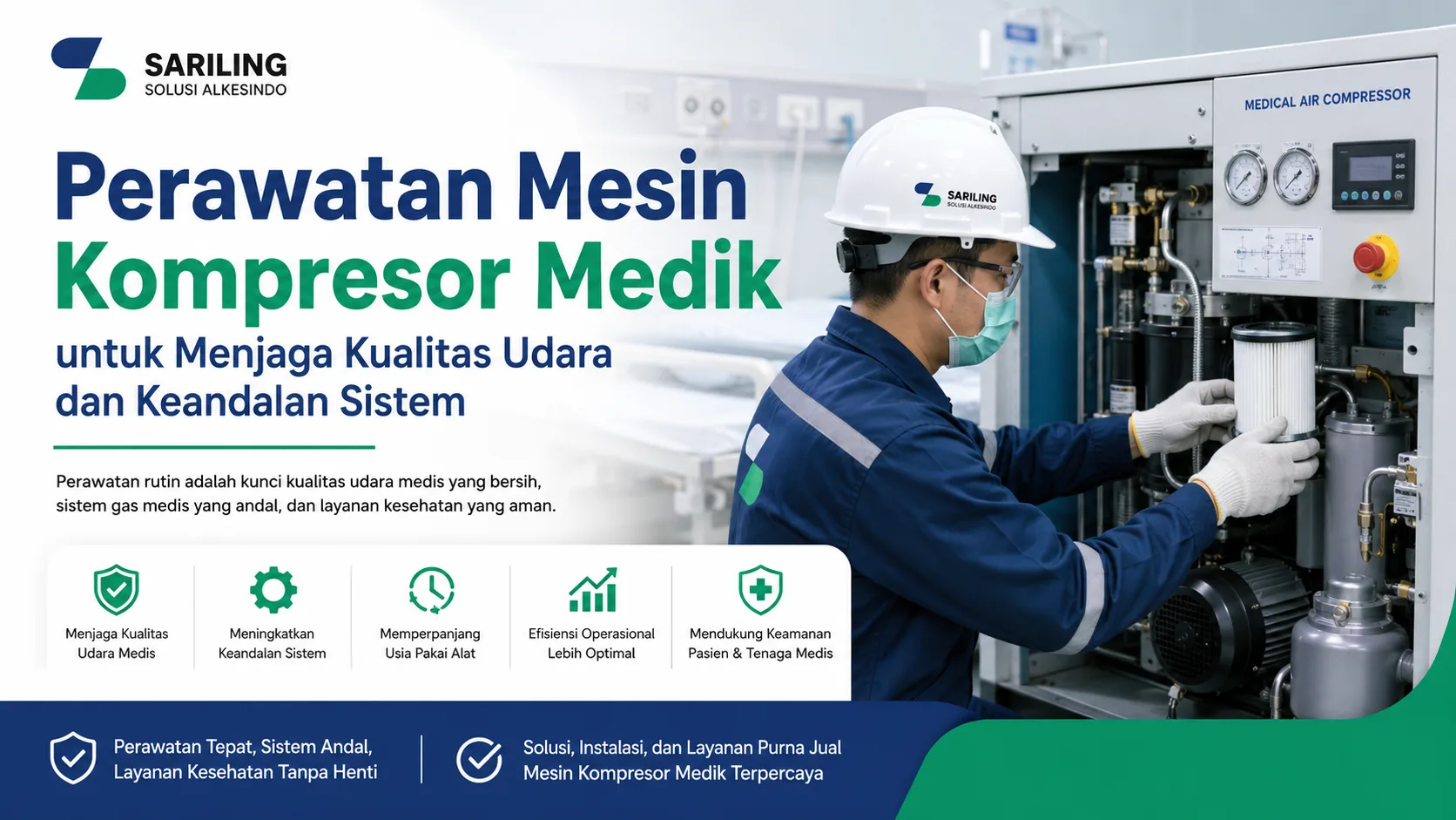 Ilustrasi gambar perawatan mesin kompresor medik untuk menjaga kualitas udara medis, keandalan sistem gas medis, dan memperpanjang usia pakai peralatan
