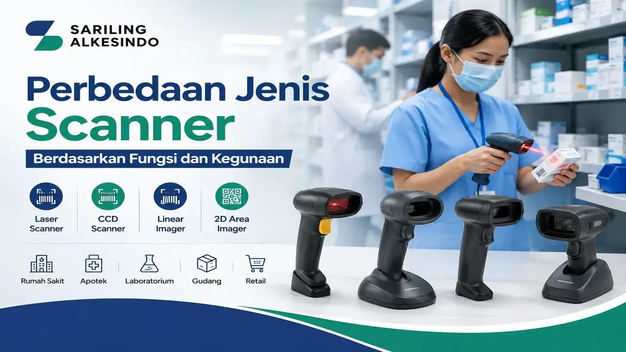 Infografis perbedaan jenis scanner barcode berdasarkan fungsi dan kegunaan meliputi laser scanner, CCD scanner, linear imager, dan 2D area imager untuk rumah sakit, apotek, laboratorium, gudang, dan retail.