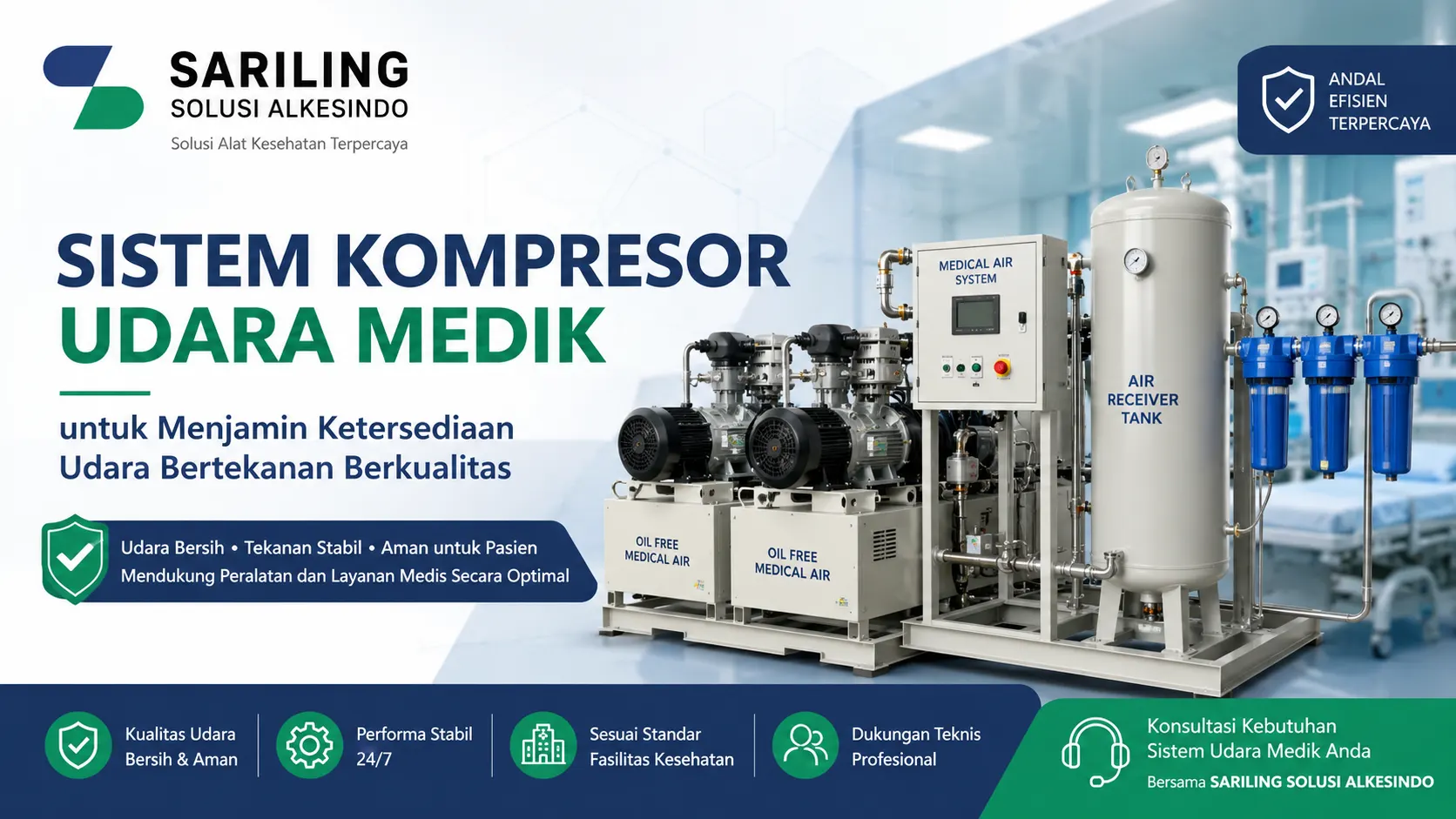 Ilustrasi gambar sistem kompresor udara medik untuk menjamin ketersediaan udara bertekanan berkualitas di fasilitas kesehatan