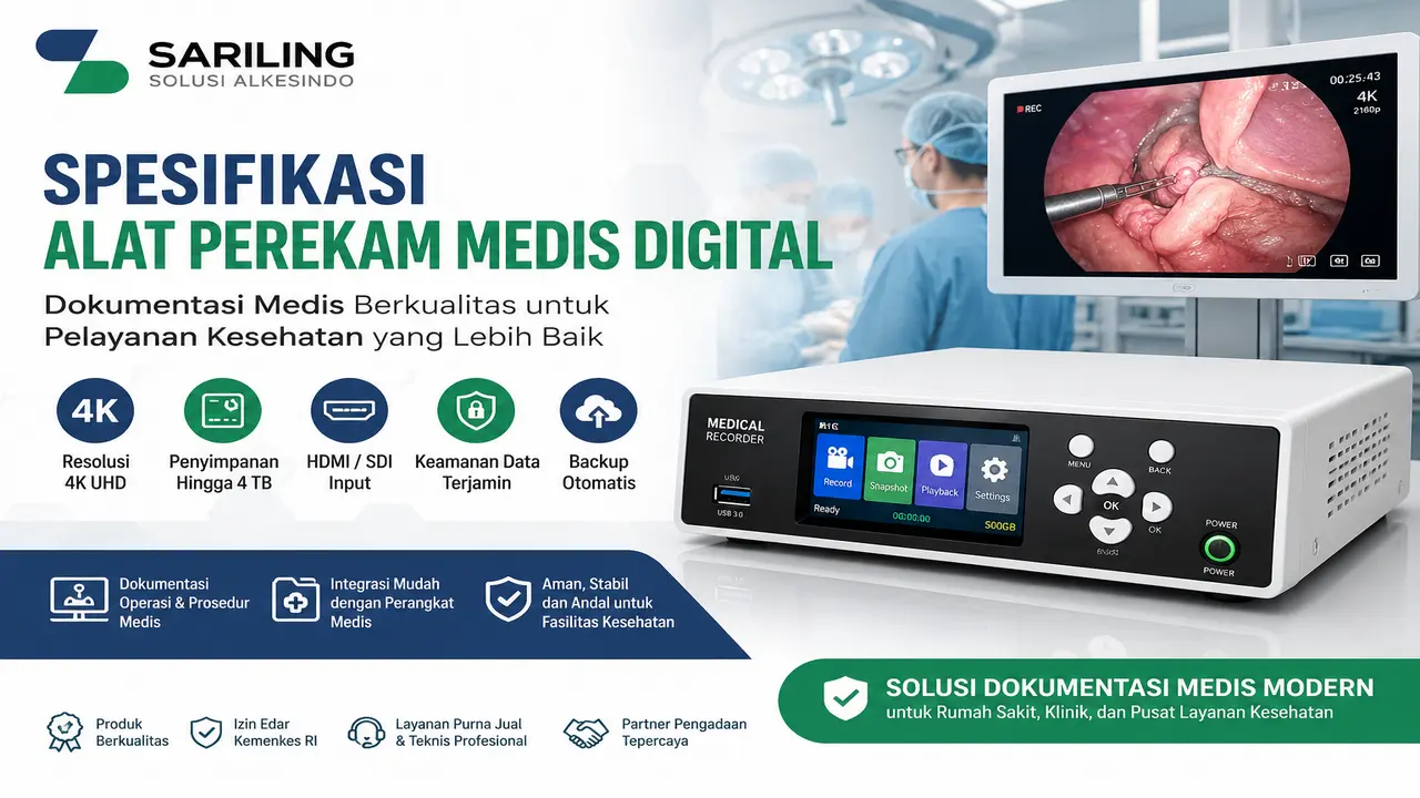 Spesifikasi alat perekam medis digital untuk dokumentasi operasi dan tindakan medis dengan resolusi 4K, penyimpanan hingga 4 TB, serta konektivitas HDMI dan SDI.