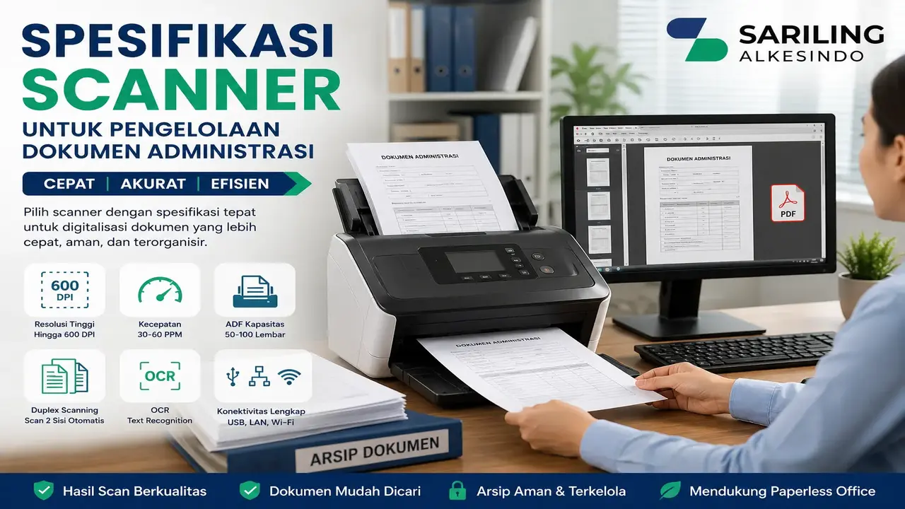 Spesifikasi scanner untuk pengelolaan dokumen administrasi dengan resolusi tinggi, fitur ADF, OCR, duplex scanning, dan konektivitas lengkap untuk mendukung digitalisasi arsip di kantor, rumah sakit, klinik, serta instansi pemerintah.