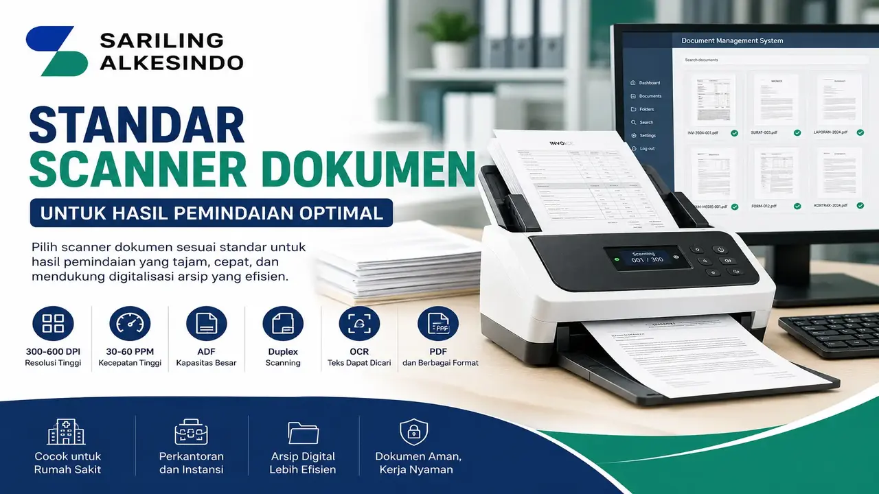 Standar scanner dokumen untuk hasil pemindaian optimal dengan resolusi tinggi, fitur ADF, OCR, dan duplex scanning untuk mendukung digitalisasi arsip di kantor, rumah sakit, klinik, dan instansi pemerintah.