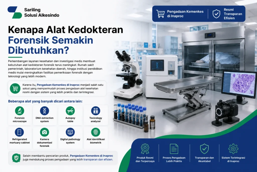 Alat kedokteran forensik modern untuk pengadaan Kemenkes di Inaproc meliputi forensic microscope, DNA extraction system, autopsy table, toxicology analyzer, refrigerated mortuary cabinet, kamera dokumentasi forensik, digital pathology system, dan alat identifikasi biometrik dari Sariling Solusi Alkesindo