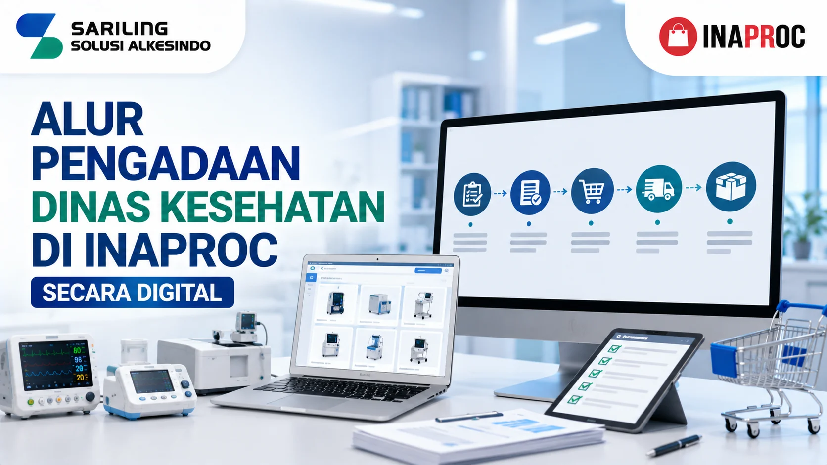 Alur Pengadaan Dinas Kesehatan di Inaproc Secara Digital dengan ilustrasi platform e-katalog pengadaan, perangkat laboratorium modern, alat kesehatan digital, logo Sariling Solusi Alkesindo, dan logo Inaproc dalam lingkungan kerja profesional