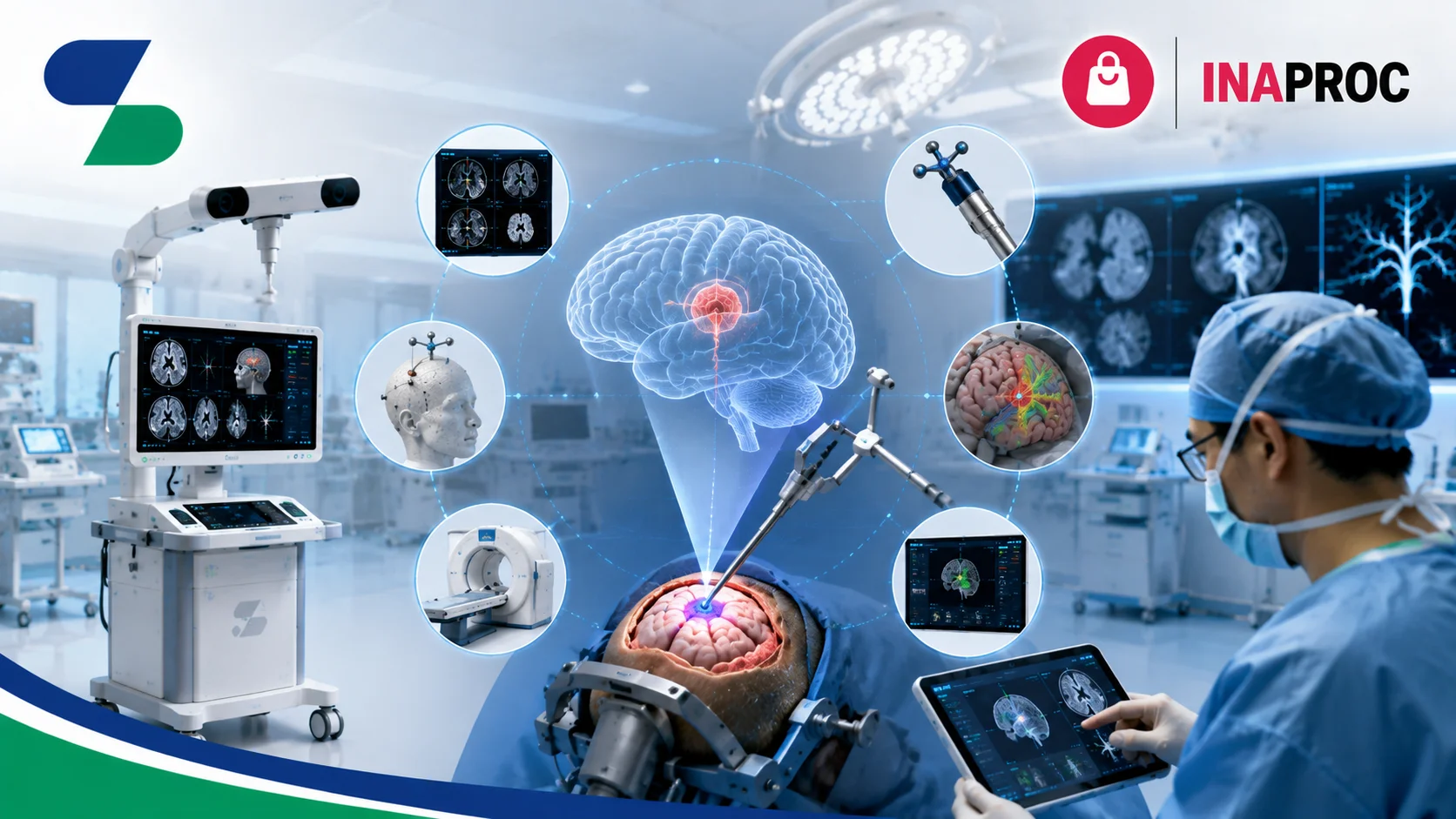 Ilustrasi alat neuronavigasi dalam bedah saraf dengan visualisasi otak 3D, sistem navigasi digital, ruang operasi modern, logo Sariling Solusi Alkesindo di kiri atas, dan logo INAPROC di kanan atas