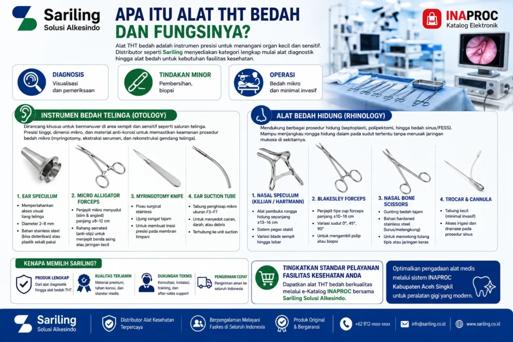 Apa itu alat THT bedah dan fungsinya, meliputi instrumen otologi seperti ear speculum, micro alligator forceps, myringotomy knife, ear suction tube serta instrumen rhinologi seperti nasal speculum, Blakesley forceps, nasal bone scissors, dan trocar cannula yang tersedia melalui Sariling Solusi Alkesindo.