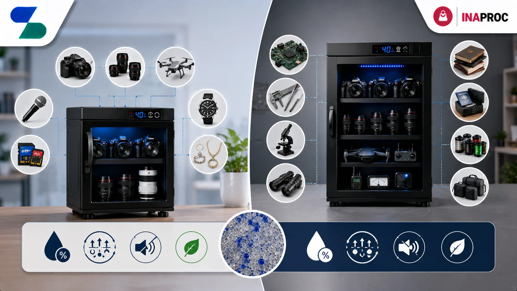 Ilustrasi perbandingan dry box dan dry cabinet sebagai media penyimpanan dengan kontrol kelembapan untuk melindungi kamera, lensa, drone, jam tangan, dokumen, komponen elektronik, alat optik, dan barang sensitif lainnya