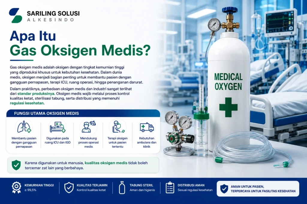 Apa itu gas oksigen medis dan fungsinya untuk membantu pasien dengan gangguan pernapasan, ICU, IGD, ruang operasi, ambulans, dan klinik.