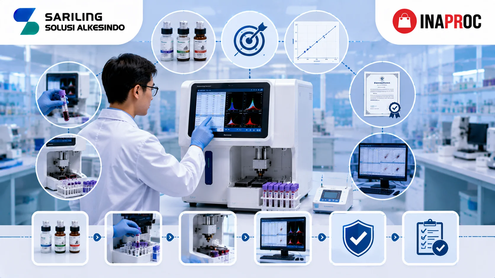 Ilustrasi kalibrasi alat hematologi di laboratorium modern yang menampilkan hematology analyzer, teknisi laboratorium, sampel darah kontrol, reagen kalibrasi, komputer analisis data, logo Sariling Solusi Alkesindo, dan logo Inaproc.