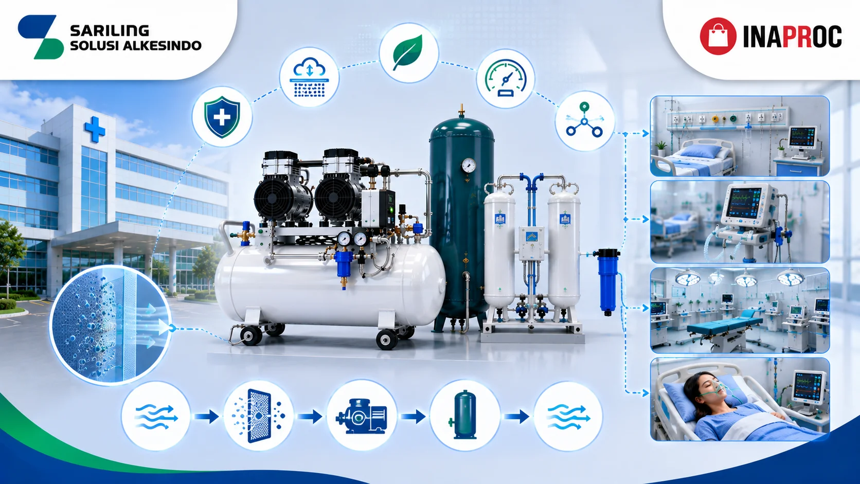 Apa itu mesin kompresor medik dengan ilustrasi sistem kompresor udara medis, tangki udara, sistem filtrasi, jaringan gas medis rumah sakit, logo Sariling Solusi Alkesindo, dan logo Inaproc