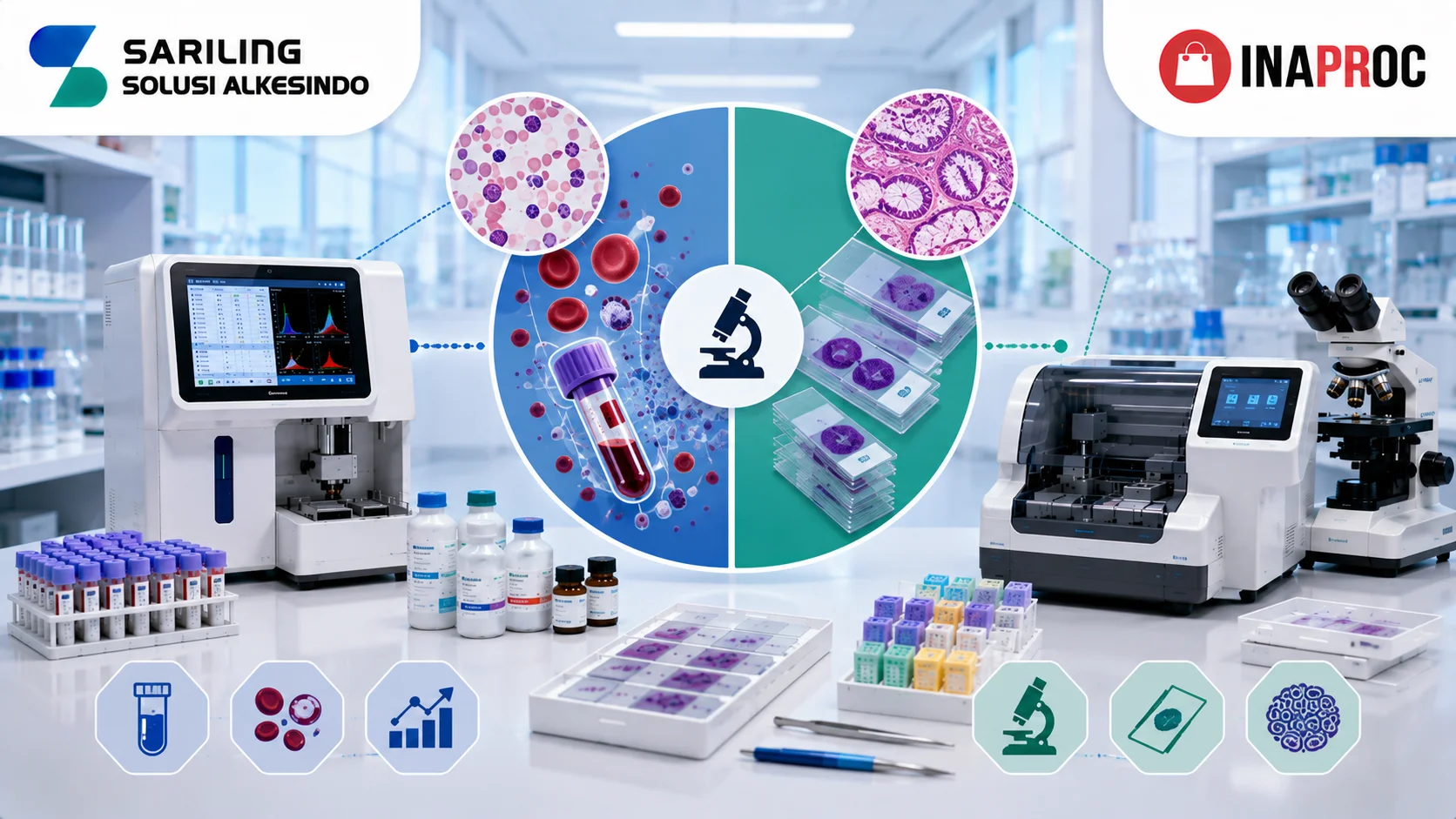 Ilustrasi peralatan hematologi dan patologi modern yang menampilkan hematology analyzer, mikroskop laboratorium, tissue processor, preparat jaringan, sampel darah, reagen laboratorium, logo Sariling Solusi Alkesindo, dan logo Inaproc di lingkungan laboratorium kesehatan profesional.