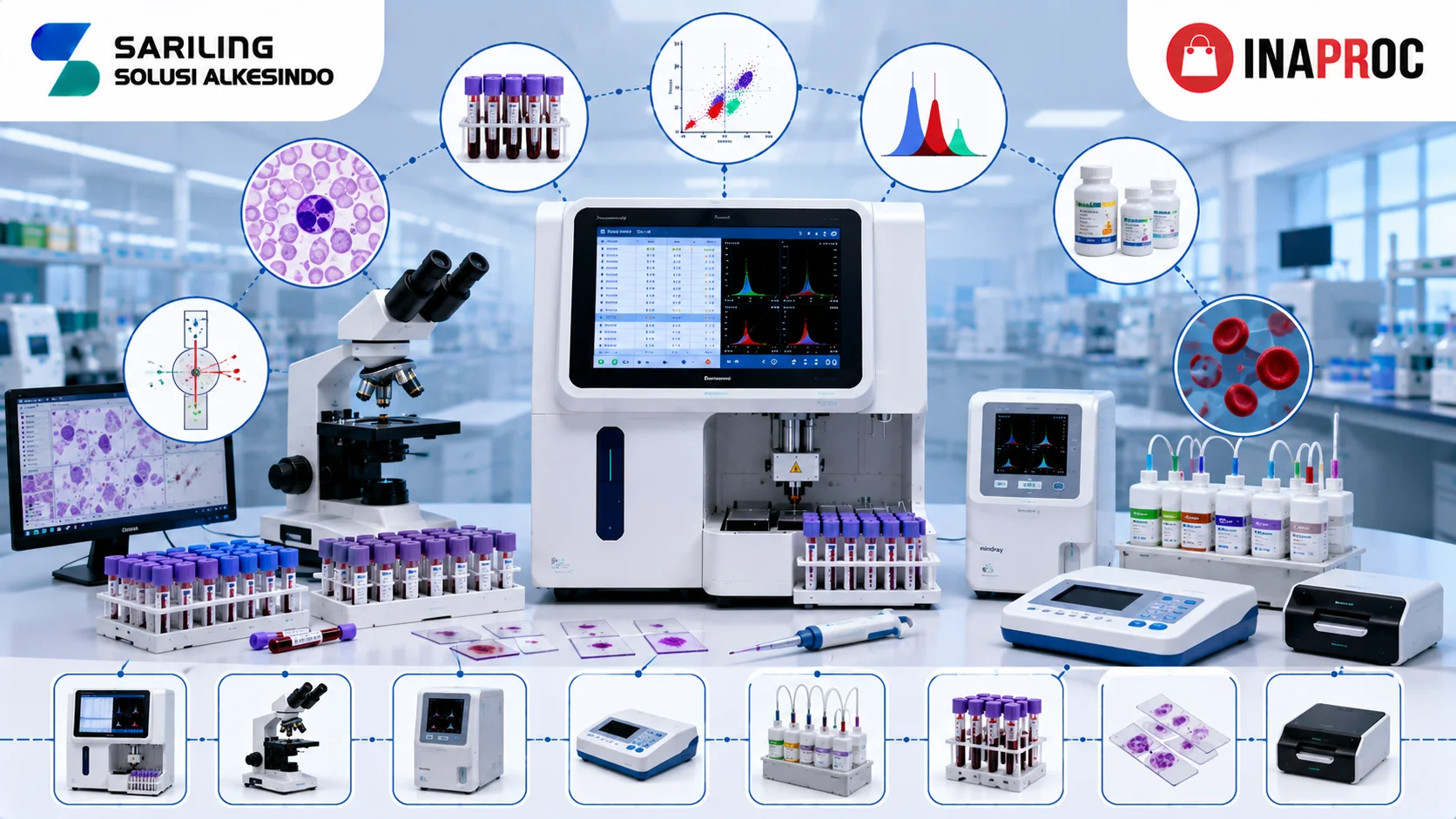 Ilustrasi peralatan hematologi modern yang menampilkan hematology analyzer, mikroskop laboratorium, sampel darah, preparat pemeriksaan, pipet laboratorium, reagen diagnostik, logo Sariling Solusi Alkesindo, dan logo Inaproc di lingkungan laboratorium kesehatan profesional.