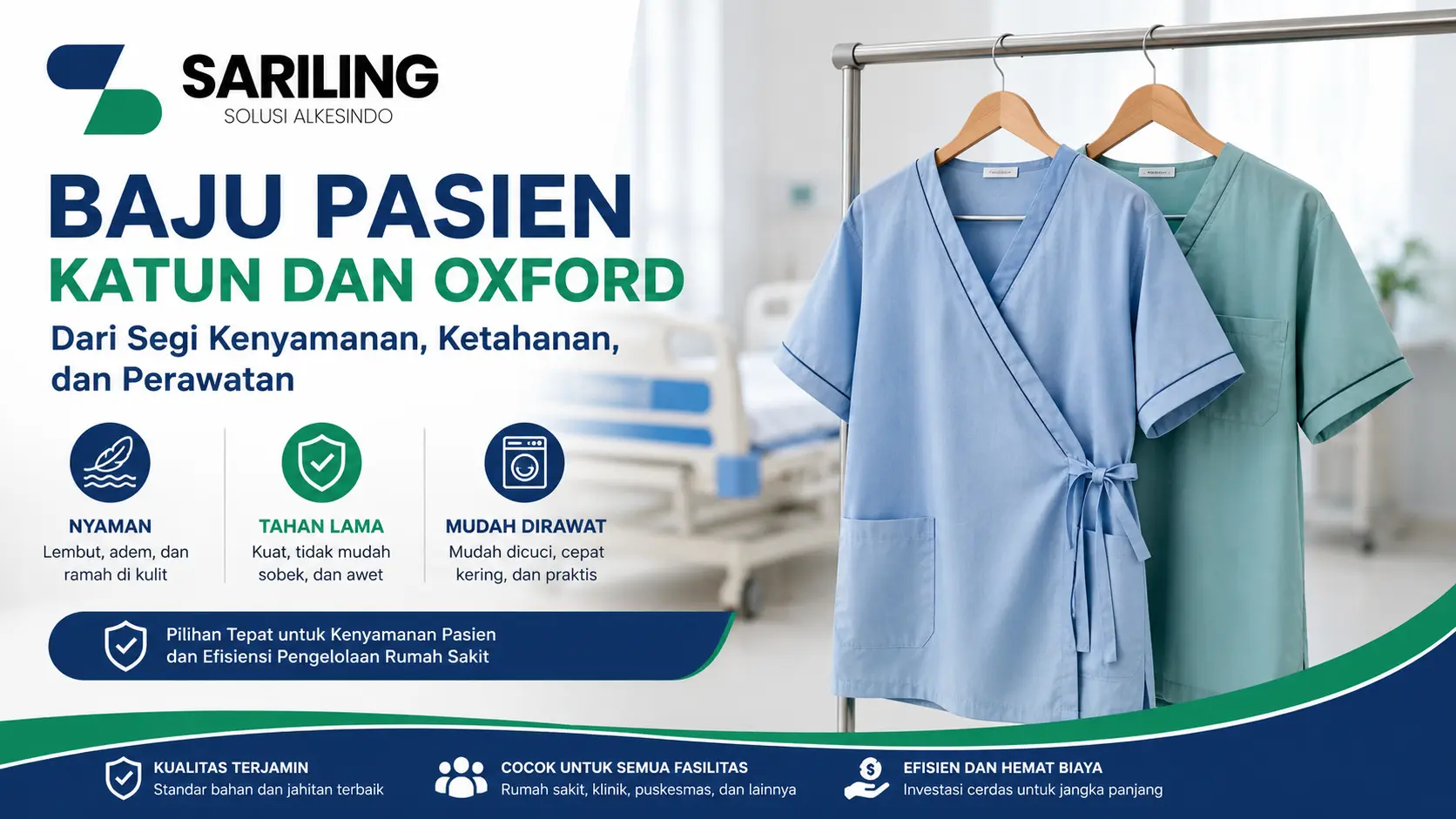 Baju Pasien Katun dan Oxford dengan kenyamanan, ketahanan, dan kemudahan perawatan untuk rumah sakit dan fasilitas kesehatan