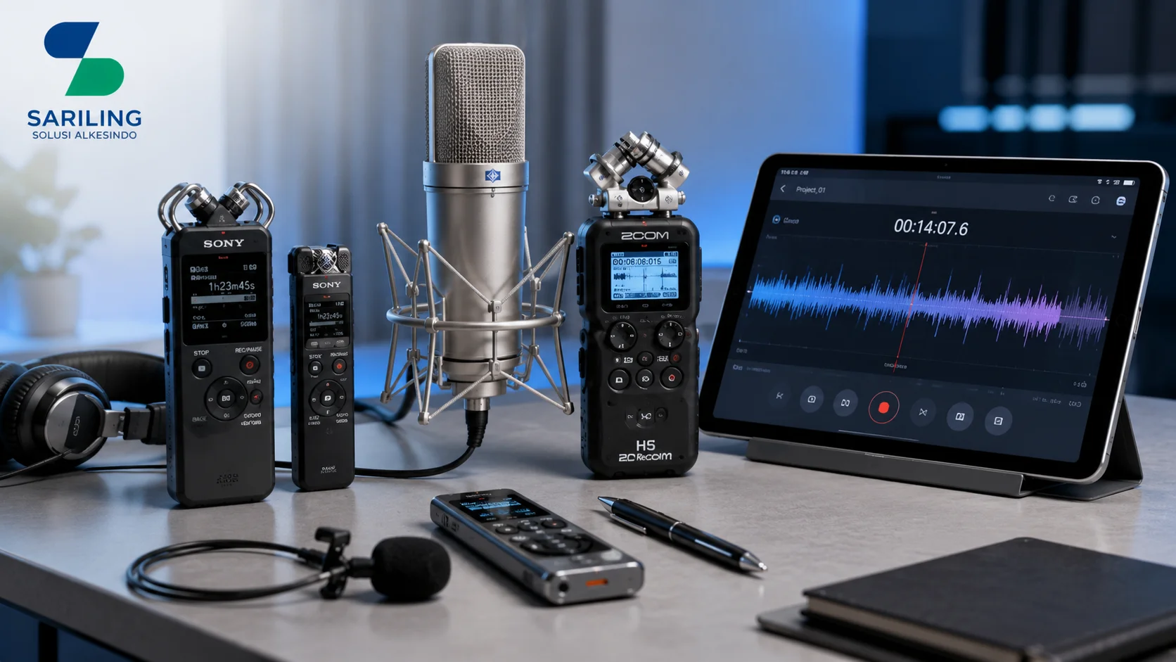 Ilustrasi berbagai jenis alat perekam digital modern yang terdiri dari perekam suara genggam portabel, mikrofon kondensor studio, dan tablet dengan aplikasi perekam audio serta logo Sariling Solusi Alkesindo.