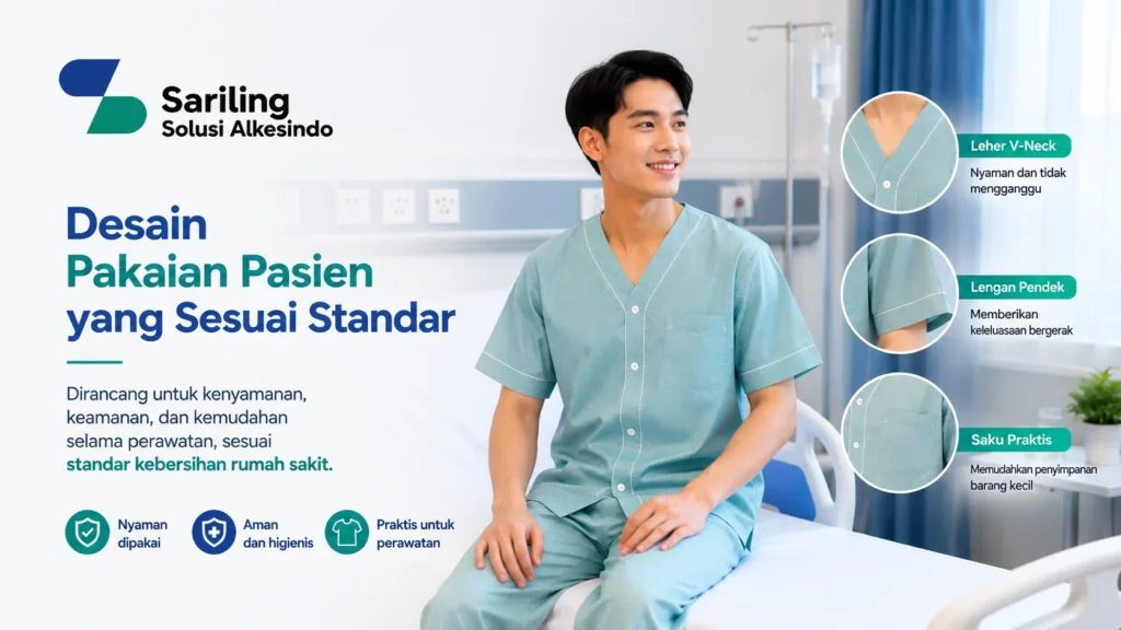 Desain pakaian pasien yang sesuai standar rumah sakit untuk kenyamanan dan keamanan pasien dengan logo Sariling Solusi Alkesindo