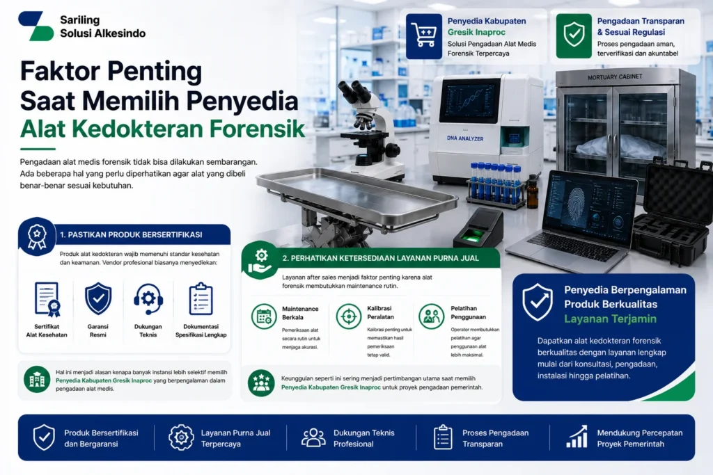 Faktor penting saat memilih penyedia alat kedokteran forensik melalui Penyedia Kabupaten Gresik Inaproc dengan produk bersertifikasi, garansi resmi, dukungan teknis, maintenance berkala, kalibrasi peralatan, dan pelatihan penggunaan dari Sariling Solusi Alkesindo