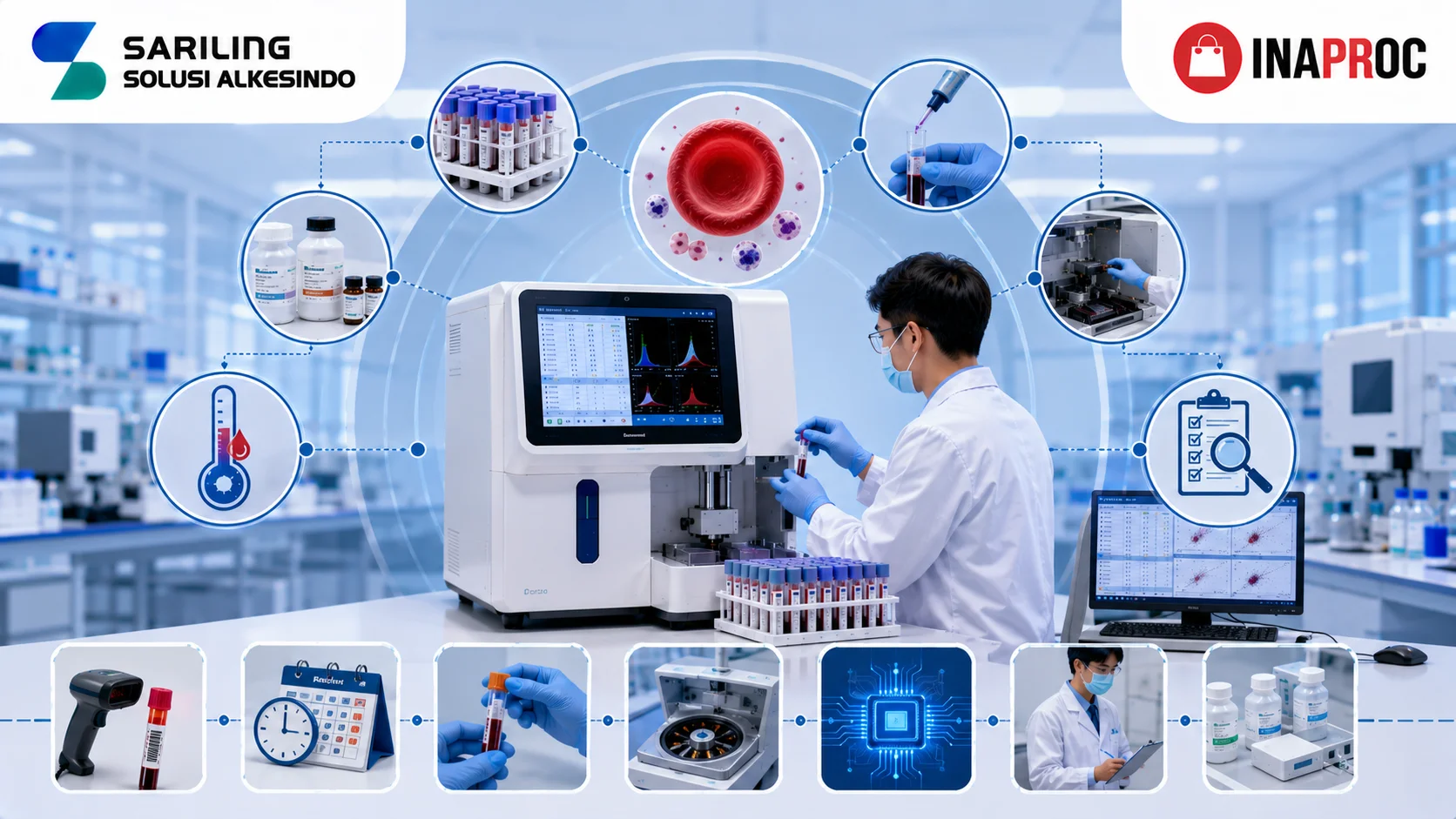 Ilustrasi faktor yang mempengaruhi akurasi alat hematologi dengan hematology analyzer, teknisi laboratorium, sampel darah, reagen kontrol, komputer analisis data, logo Sariling Solusi Alkesindo, dan logo Inaproc di laboratorium modern.