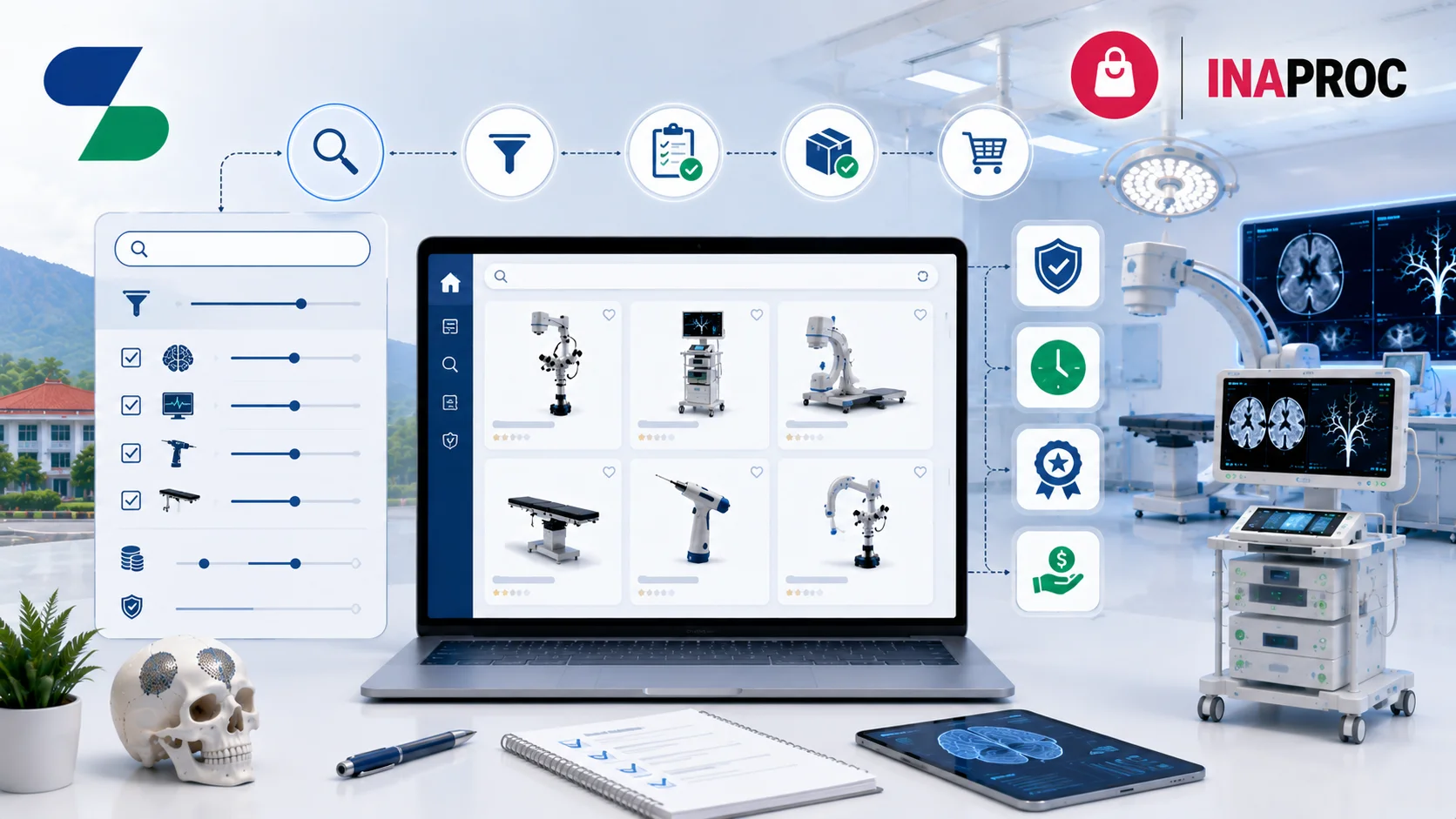 Ilustrasi antarmuka filter pencarian produk peralatan neurologi bedah di INAPROC pada laptop dengan ruang operasi modern di latar belakang, logo Sariling Solusi Alkesindo di kiri atas, dan logo INAPROC di kanan atas