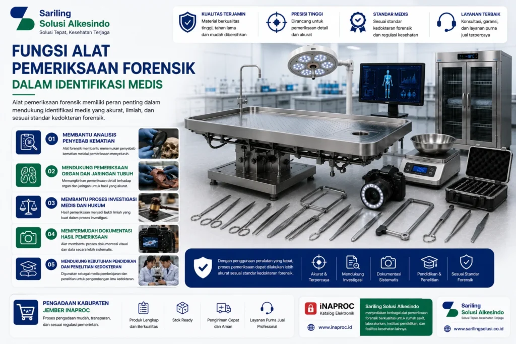 Fungsi alat pemeriksaan forensik dalam identifikasi medis untuk membantu analisis penyebab kematian, pemeriksaan organ dan jaringan tubuh, investigasi medis dan hukum, dokumentasi hasil pemeriksaan, serta pendidikan dan penelitian kedokteran menggunakan peralatan forensik modern.
