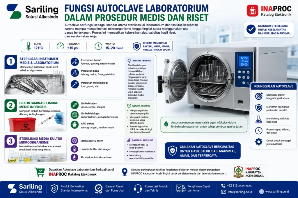Fungsi autoclave laboratorium dalam prosedur medis dan riset meliputi sterilisasi instrumen medis dan laboratorium, dekontaminasi limbah medis infeksius, serta sterilisasi media kultur mikroorganisme menggunakan uap panas bertekanan untuk menjamin keamanan dan validitas hasil penelitian
