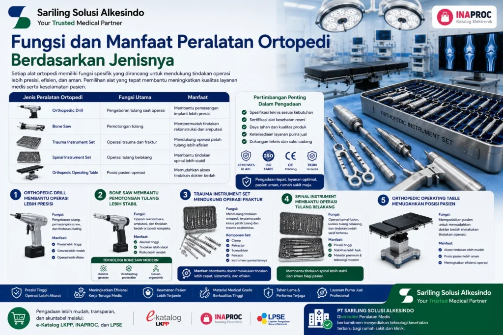 Fungsi dan manfaat peralatan ortopedi berdasarkan jenisnya meliputi orthopedic drill, bone saw, trauma instrument set, spinal instrument set, dan orthopedic operating table