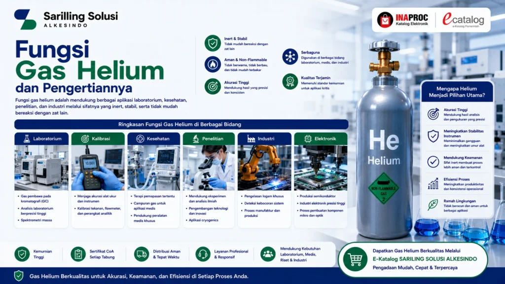 Fungsi gas helium dan pengertiannya untuk laboratorium, kalibrasi alat, kesehatan, penelitian, industri, dan elektronik dengan manfaat sebagai gas inert berstabilitas tinggi untuk analisis, pengelasan, deteksi kebocoran, serta produksi semikonduktor oleh Sariling Solusi Alkesindo