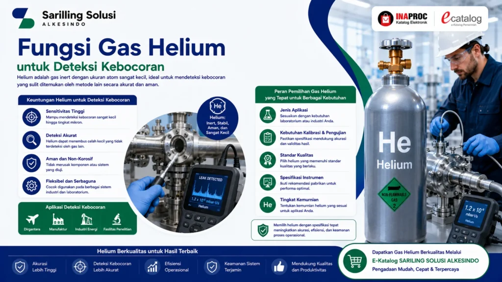 Fungsi gas helium untuk deteksi kebocoran pada sistem industri dan laboratorium dengan sensitivitas tinggi, mampu mendeteksi kebocoran mikro, mendukung kalibrasi, pengujian kualitas, serta aplikasi di sektor energi, manufaktur, dirgantara, dan penelitian oleh Sariling Solusi Alkesindo