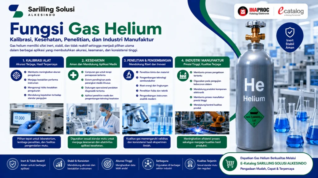Fungsi gas helium untuk kalibrasi alat, kesehatan, penelitian, dan industri manufaktur dengan karakteristik inert, stabil, dan tidak reaktif yang mendukung akurasi pengukuran, penelitian ilmiah, aplikasi medis, serta proses produksi presisi tinggi oleh Sariling Solusi Alkesindo