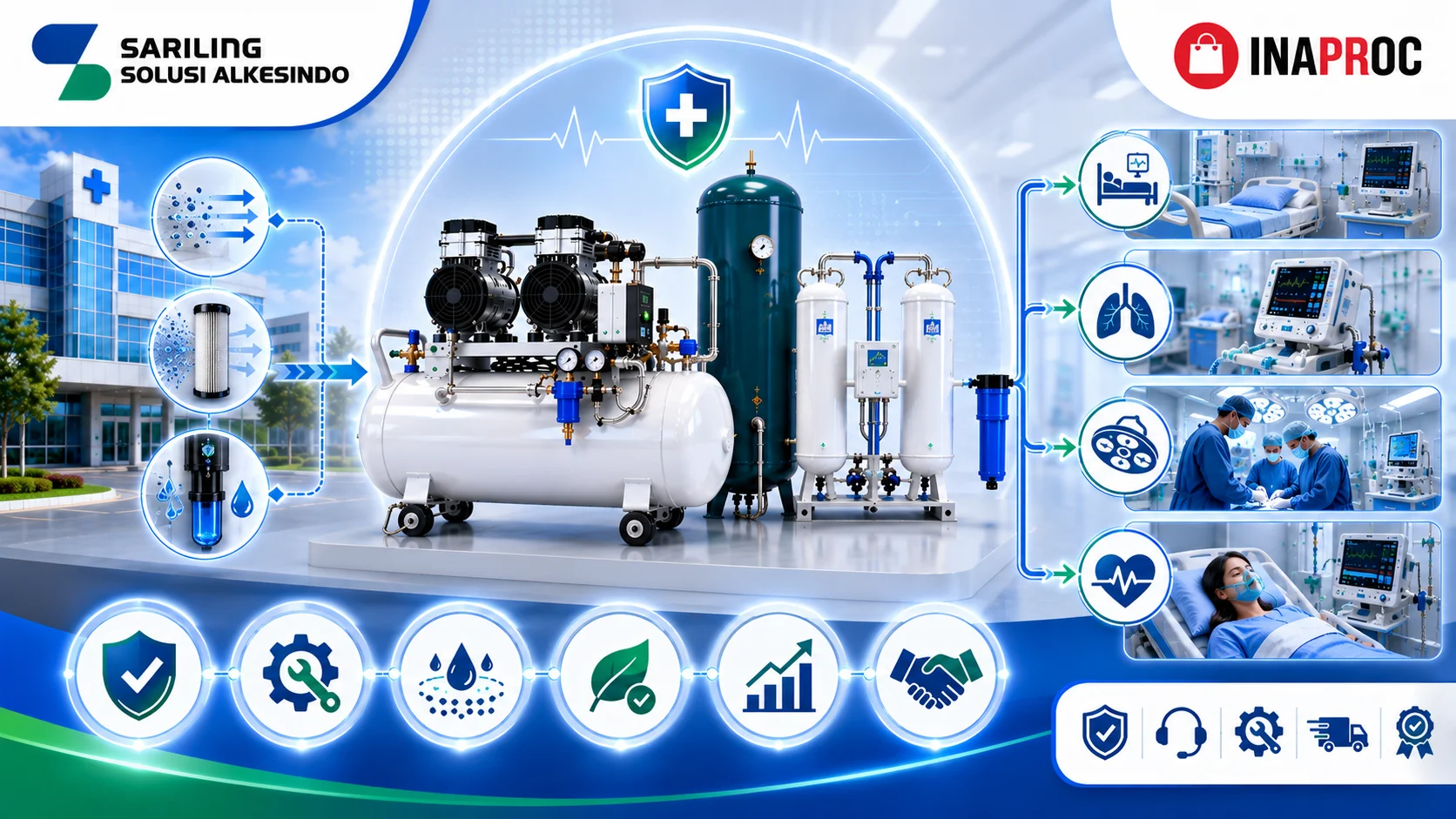 Fungsi mesin kompresor medik dalam sistem gas medis dengan ilustrasi kompresor udara medis, sistem filtrasi, tangki penyimpanan, distribusi udara medis ke ruang perawatan, ICU, ventilator, dan ruang operasi, serta logo Sariling Solusi Alkesindo dan Inaproc