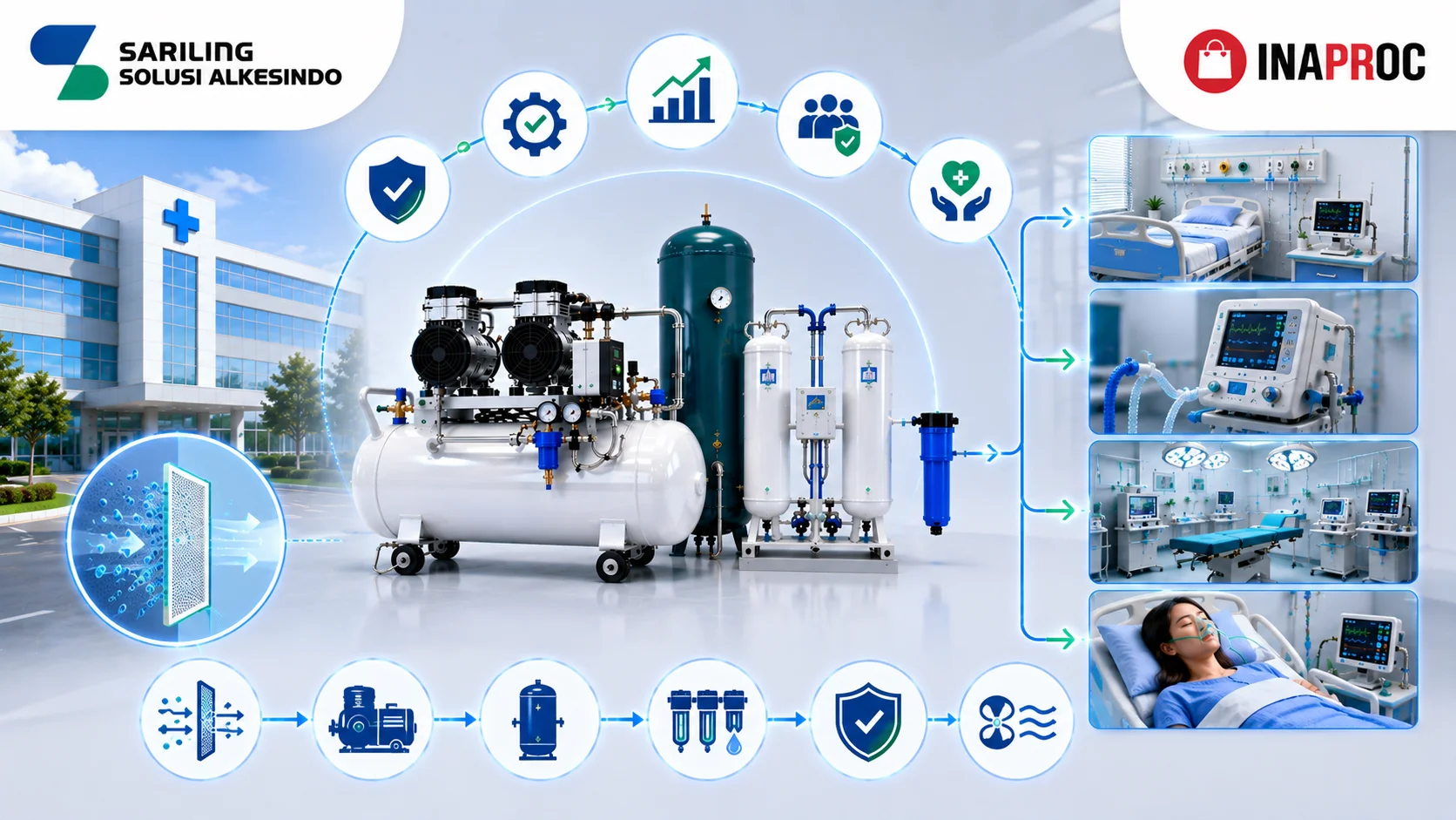 Fungsi mesin kompresor medik mendukung keandalan sistem gas medis dengan ilustrasi kompresor udara medis, sistem filtrasi, tangki penyimpanan udara, ventilator, ruang operasi, ruang perawatan pasien, logo Sariling Solusi Alkesindo, dan logo Inaproc