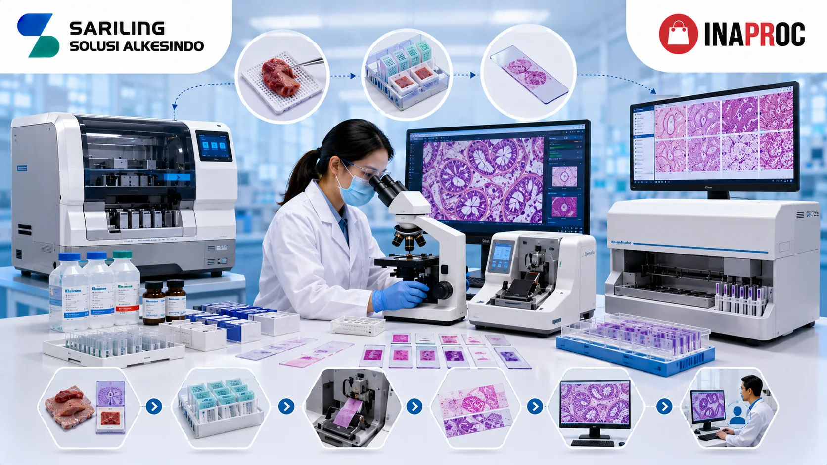 Ilustrasi fungsi peralatan patologi dalam diagnosis medis yang menampilkan mikroskop laboratorium, tissue processor, slide scanner digital, preparat jaringan, analis laboratorium, logo Sariling Solusi Alkesindo, dan logo Inaproc di laboratorium patologi modern.