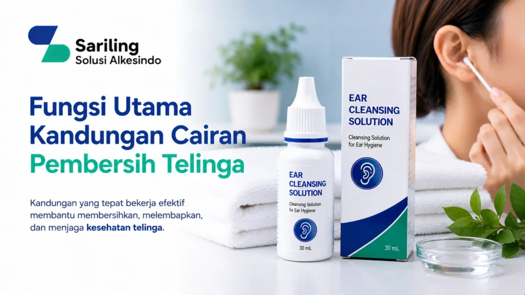 Fungsi utama kandungan cairan pembersih telinga untuk membantu menjaga kebersihan dan kesehatan telinga dengan logo Sariling Solusi Alkesindo