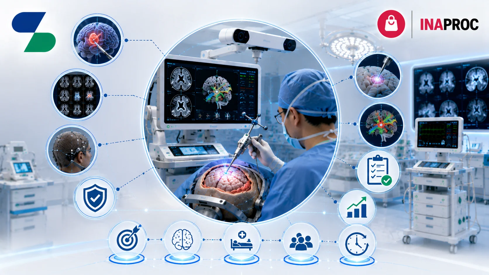 Ilustrasi sistem neuronavigasi bedah saraf dengan dokter bedah, visualisasi otak digital, monitor pencitraan medis, dan perangkat navigasi presisi di ruang operasi modern, dilengkapi logo Sariling Solusi Alkesindo di kiri atas serta logo INAPROC di kanan atas.