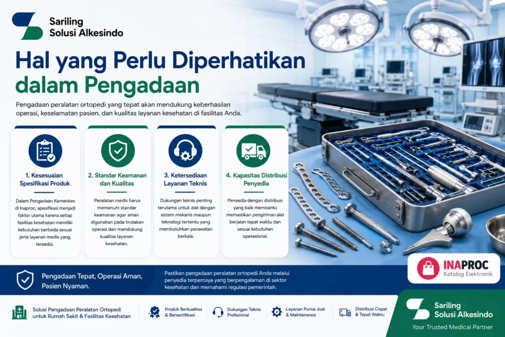 Hal yang perlu diperhatikan dalam pengadaan alat ortopedi meliputi spesifikasi produk, standar keamanan, layanan teknis, dan kapasitas distribusi penyedia