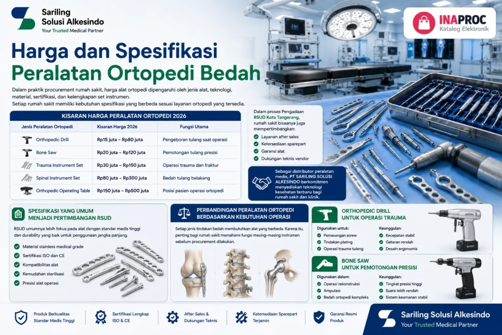 Harga dan spesifikasi peralatan ortopedi bedah untuk RSUD meliputi orthopedic drill, bone saw, trauma instrument set, spinal instrument set, dan orthopedic operating table