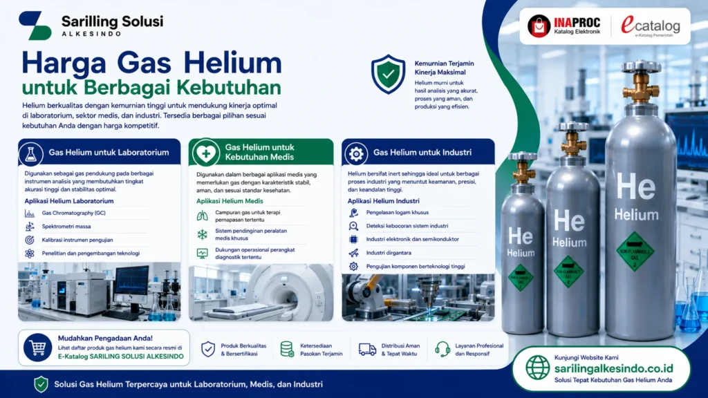 Harga gas helium untuk laboratorium, kebutuhan medis, dan industri berdasarkan tingkat kemurnian serta aplikasi penggunaan seperti Gas Chromatography, kalibrasi instrumen, terapi medis, pengelasan, dan industri semikonduktor dari Sariling Solusi Alkesindo