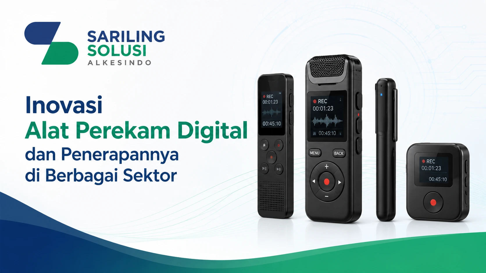 Inovasi alat perekam digital dan penerapannya di berbagai sektor dengan ilustrasi perangkat perekam digital dan logo Sariling Solusi Alkesindo