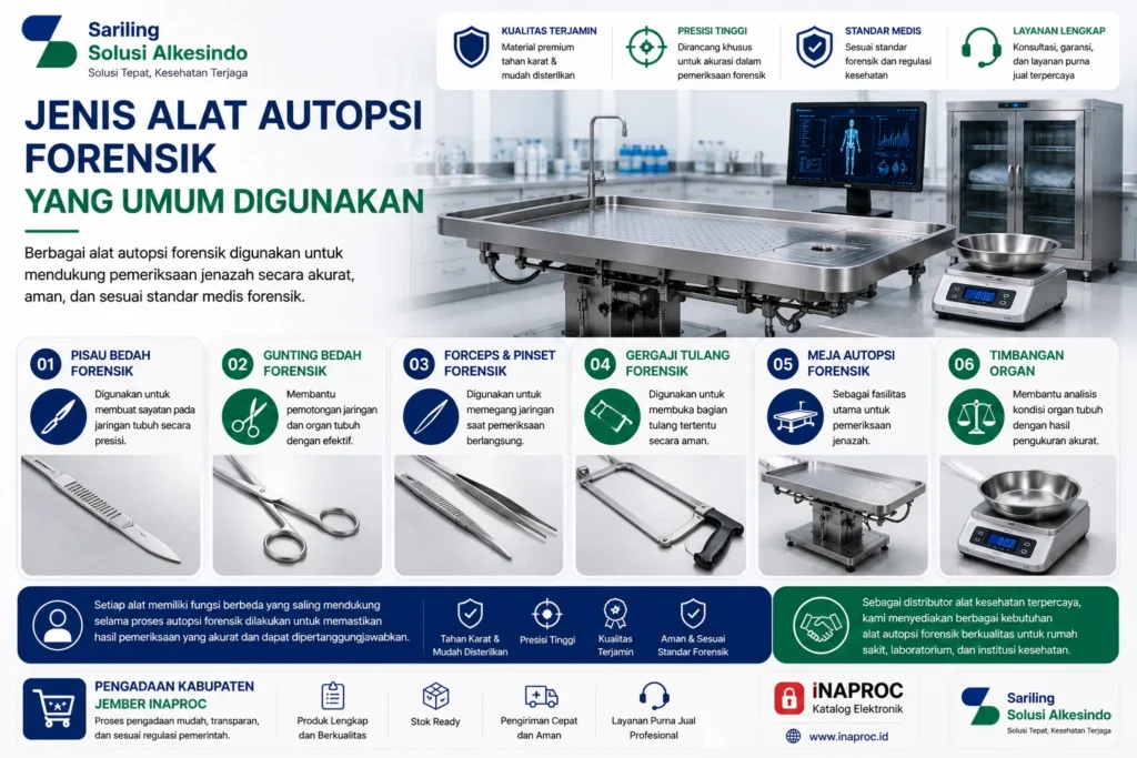 Jenis alat autopsi forensik yang umum digunakan meliputi pisau bedah forensik, gunting bedah forensik, forceps dan pinset forensik, gergaji tulang forensik, meja autopsi stainless, serta timbangan organ untuk pemeriksaan jenazah di rumah sakit dan laboratorium forensik.
