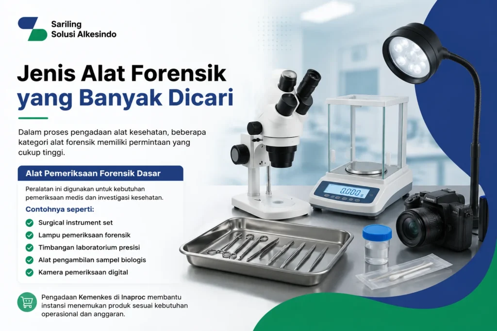 Jenis alat forensik yang banyak dicari di Inaproc meliputi surgical instrument set, lampu pemeriksaan forensik, timbangan laboratorium presisi, alat pengambilan sampel biologis, dan kamera pemeriksaan digital dari Sariling Solusi Alkesindo